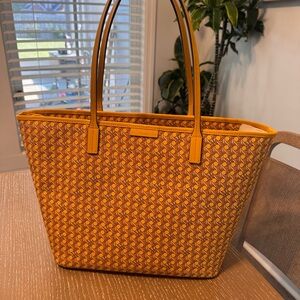 Tory Burch Monogram Chevron Yellow Patterned Tote Bag - Stylish Everyday Carry
